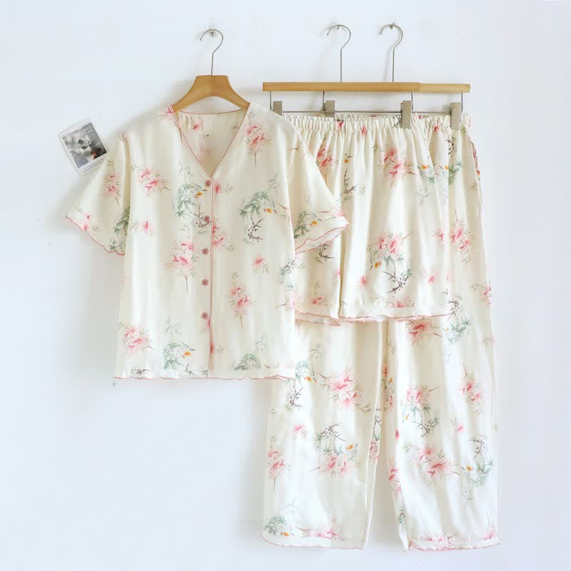 Floral Cotton Short Sleeve Pajama Set(3PCS)