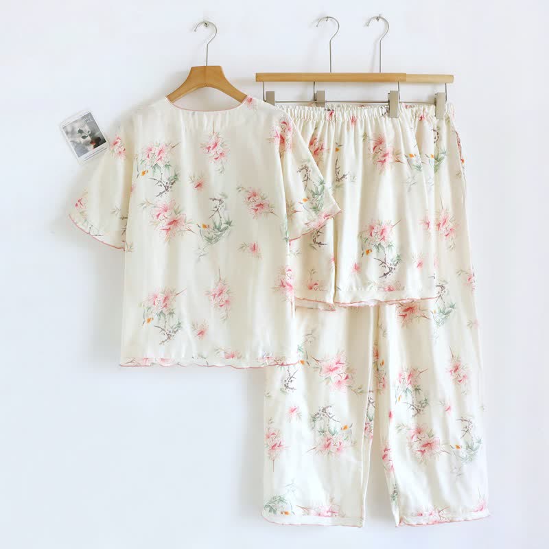Floral Cotton Short Sleeve Pajama Set(3PCS)