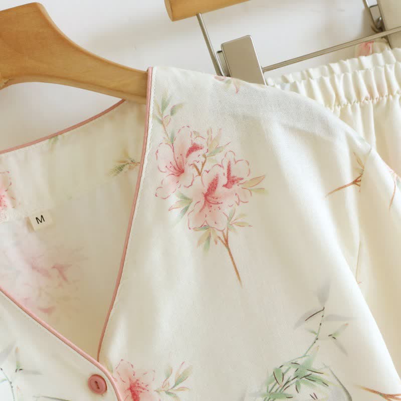 Floral Cotton Short Sleeve Pajama Set(3PCS)