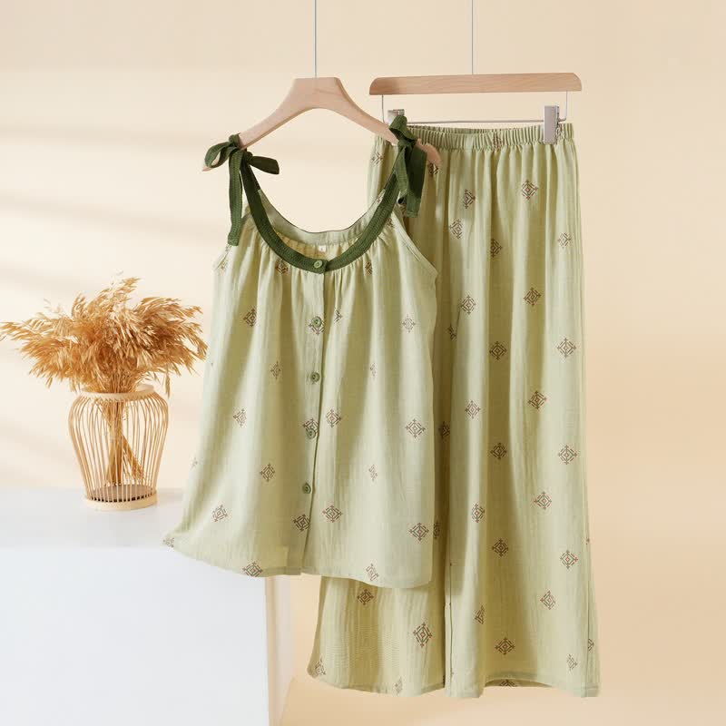 Cotton Gauze Bow Strap Pajama Set