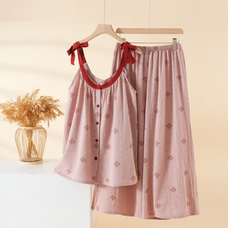 Cotton Gauze Bow Strap Pajama Set