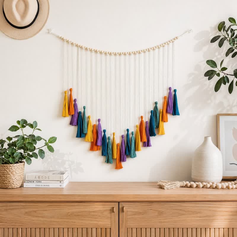 Handwoven Cotton Rainbow Tassel Garland Decor