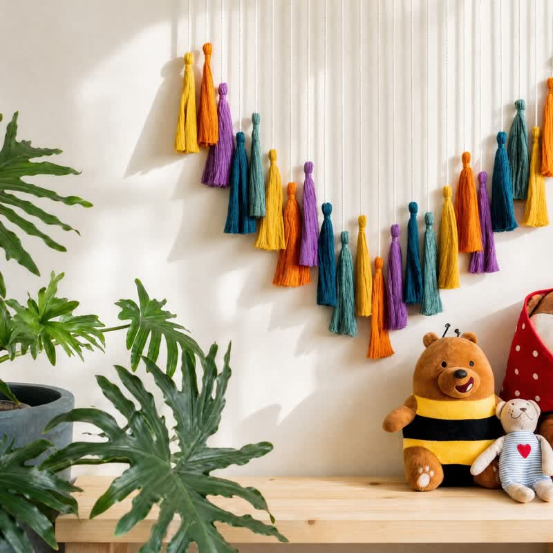 Handwoven Cotton Rainbow Tassel Garland Decor