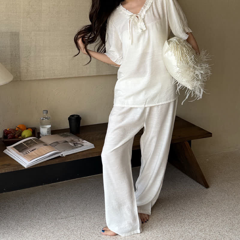 Solid Color Padded Ruffle Pajama Set