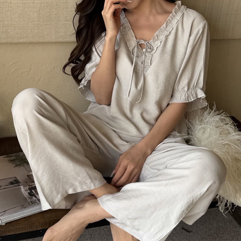 Solid Color Padded Ruffle Pajama Set