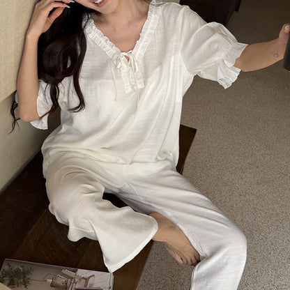 Solid Color Padded Ruffle Pajama Set