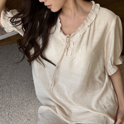 Solid Color Padded Ruffle Pajama Set