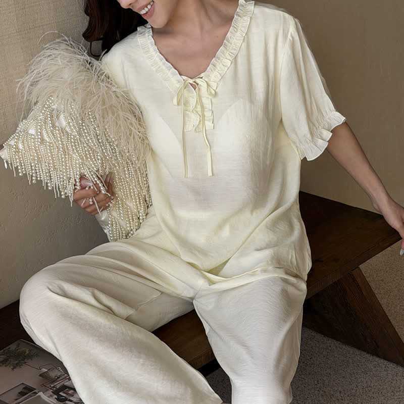 Solid Color Padded Ruffle Pajama Set