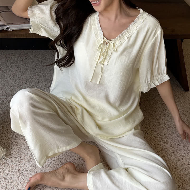 Solid Color Padded Ruffle Pajama Set