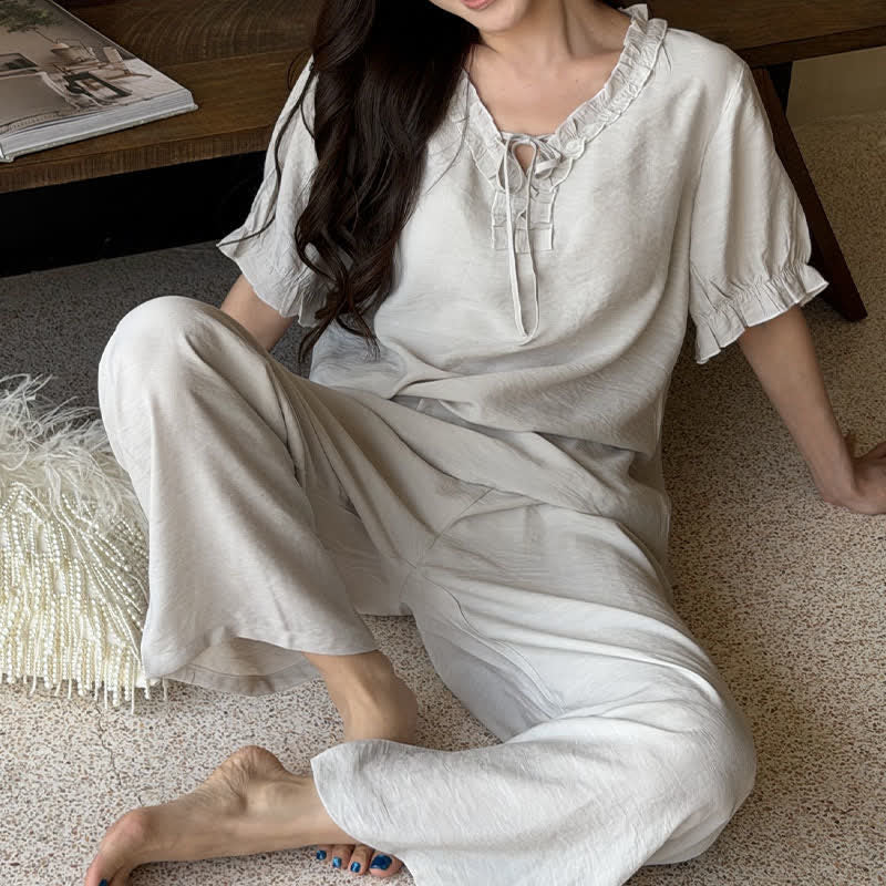 Solid Color Padded Ruffle Pajama Set