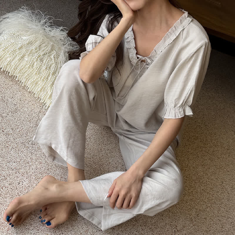 Solid Color Padded Ruffle Pajama Set