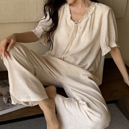 Solid Color Padded Ruffle Pajama Set