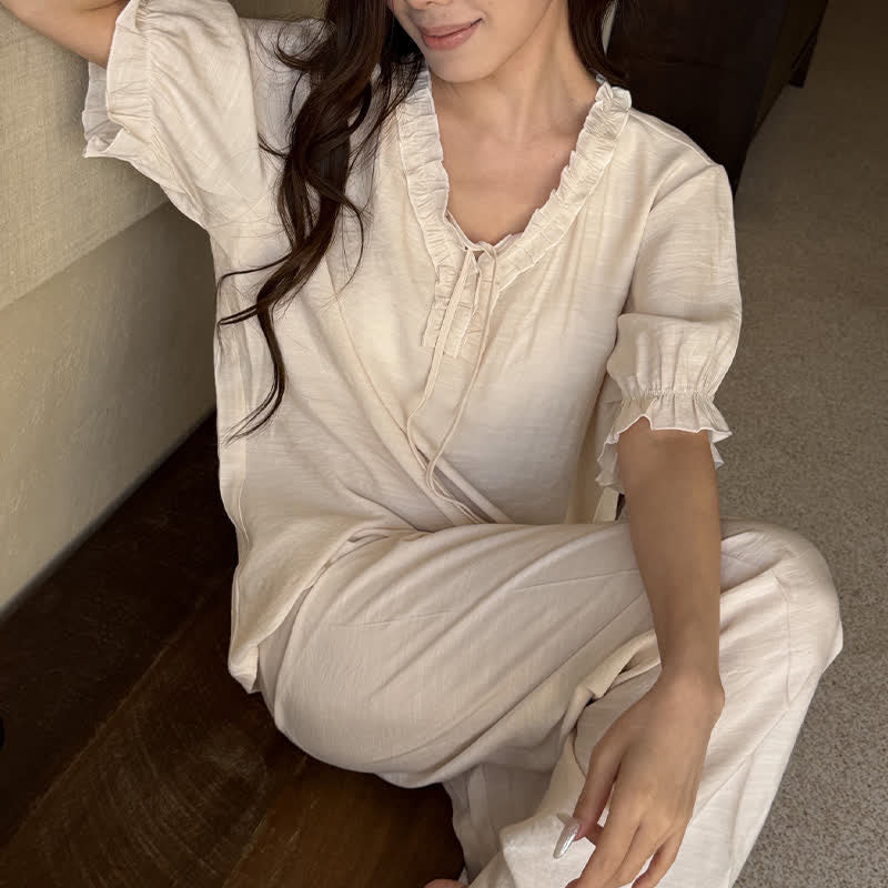 Solid Color Padded Ruffle Pajama Set