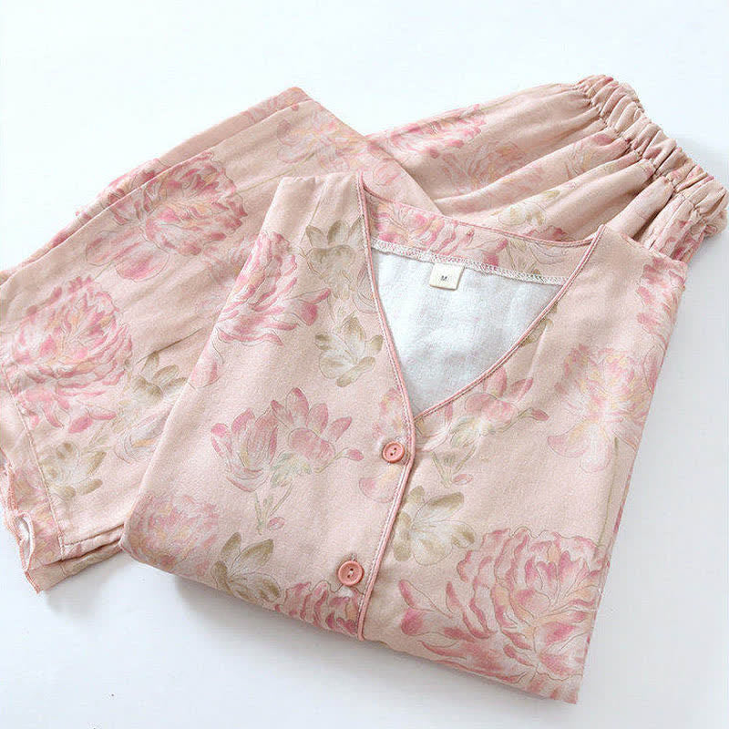 Pink Peony Floral Cotton Gauze Pajamas