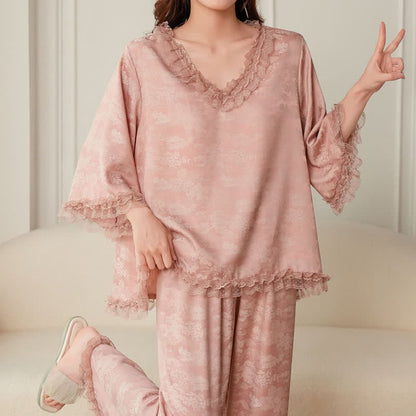 Pink Ruffle Trim Jacquard Pajama Set(3PCS)