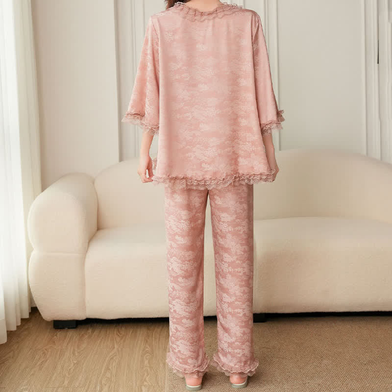 Pink Ruffle Trim Jacquard Pajama Set(3PCS)