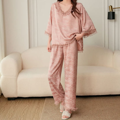 Pink Ruffle Trim Jacquard Pajama Set(3PCS)
