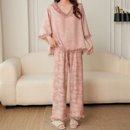 Pink Ruffle Trim Jacquard Pajama Set(3PCS)
