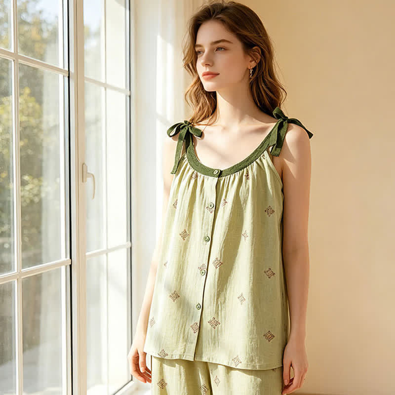 Cotton Gauze Bow Strap Pajama Set