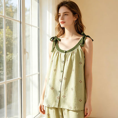 Cotton Gauze Bow Strap Pajama Set