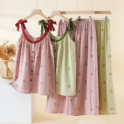 Cotton Gauze Bow Strap Pajama Set