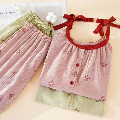 Cotton Gauze Bow Strap Pajama Set