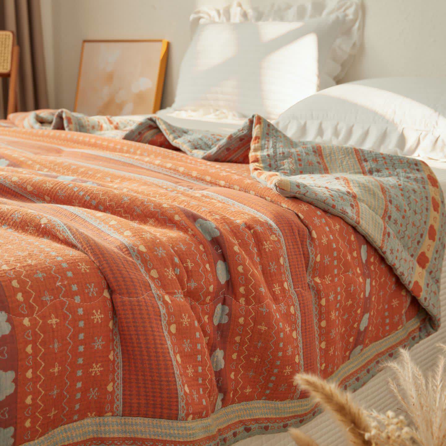 Vintage Boho Cotton Muslin Blanket Quilt
