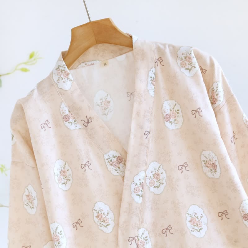 Framed Rose & Bow Cotton Kimono Robe