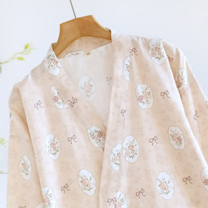 Framed Rose & Bow Cotton Kimono Robe