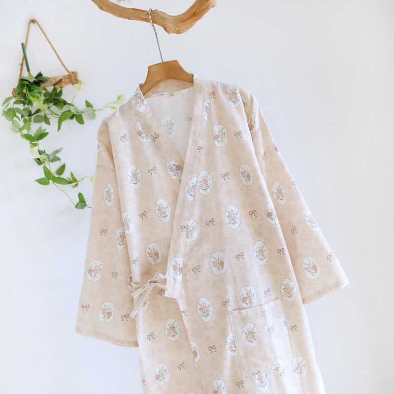 Framed Rose & Bow Cotton Kimono Robe