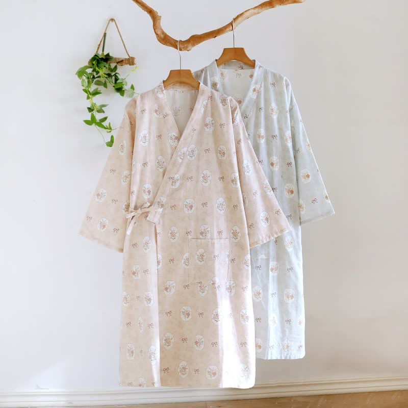 Framed Rose & Bow Cotton Kimono Robe