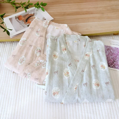 Framed Rose & Bow Cotton Kimono Robe