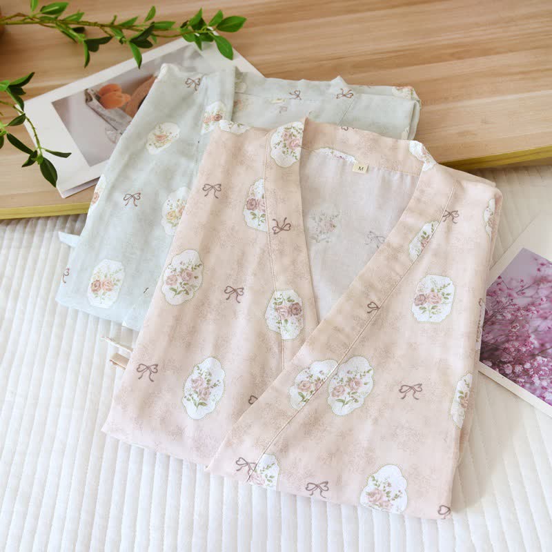 Framed Rose & Bow Cotton Kimono Robe