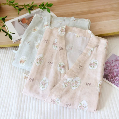 Framed Rose & Bow Cotton Kimono Robe