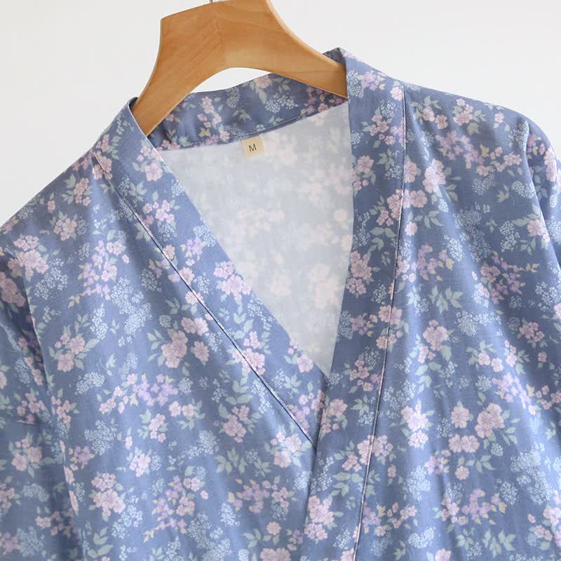 Rustic Blue Floral Cotton Kimono Robe