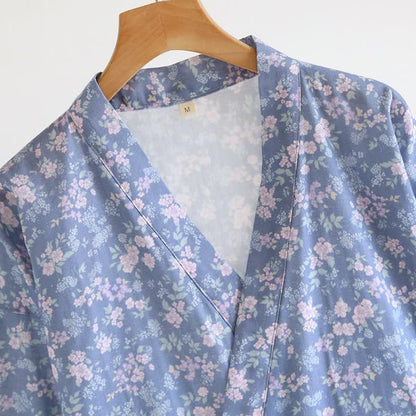 Rustic Blue Floral Cotton Kimono Robe