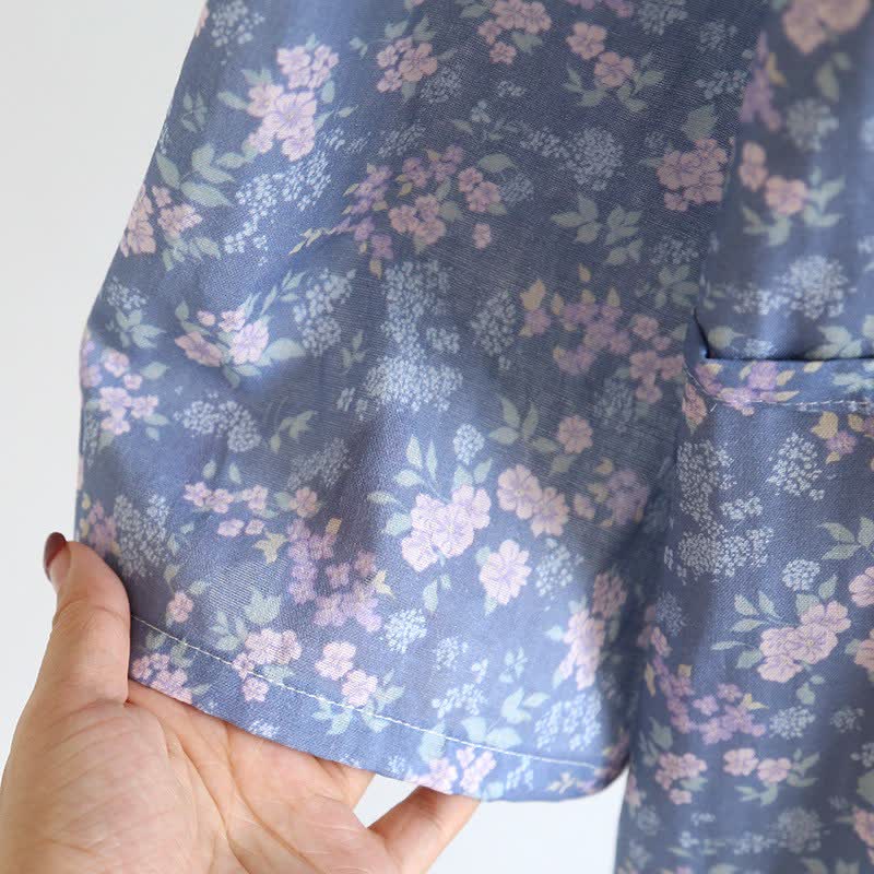 Rustic Blue Floral Cotton Kimono Robe