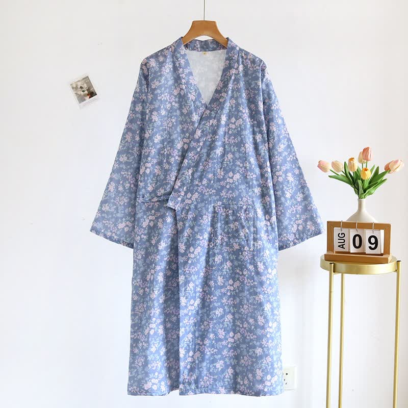 Rustic Blue Floral Cotton Kimono Robe