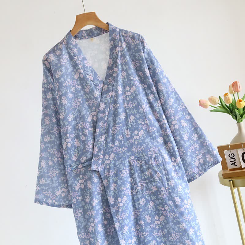 Rustic Blue Floral Cotton Kimono Robe