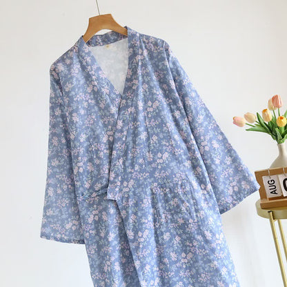 Rustic Blue Floral Cotton Kimono Robe