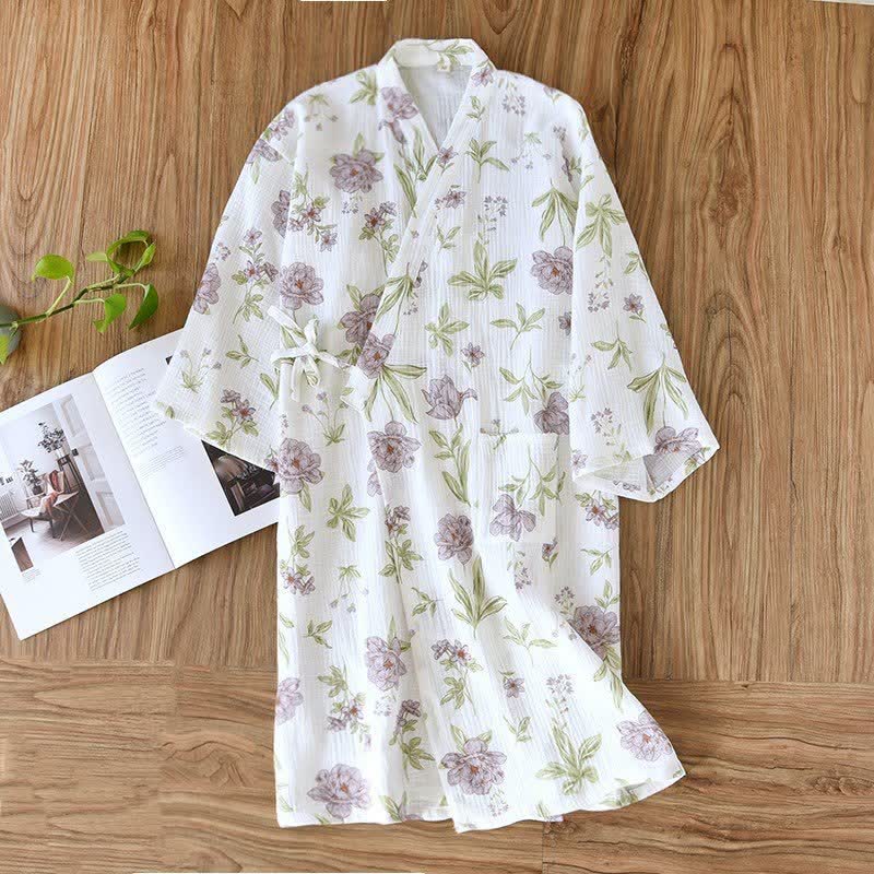 Violet Floral Cotton Kimono Robe