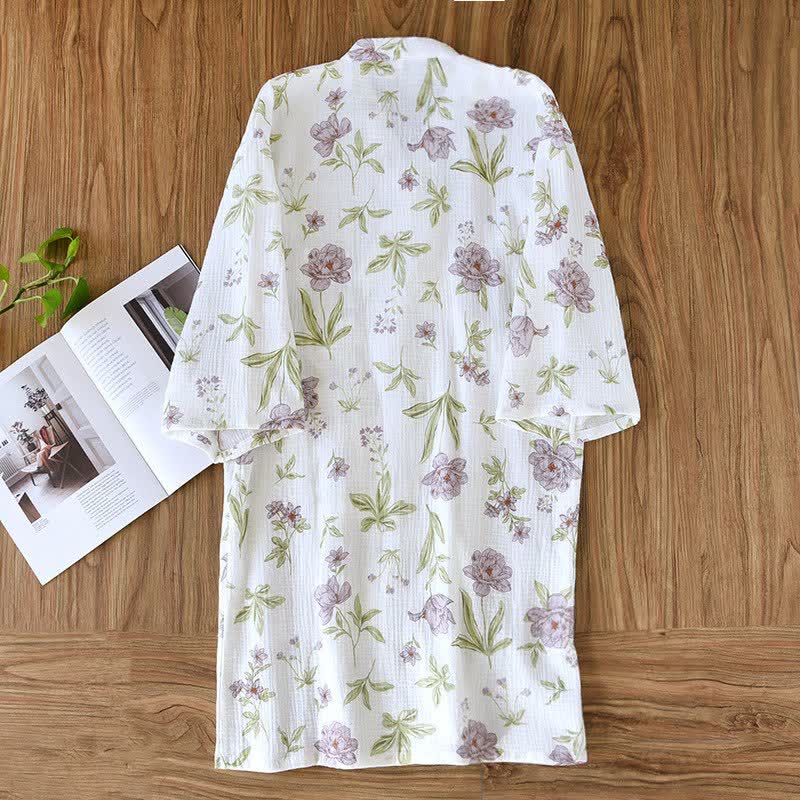 Violet Floral Cotton Kimono Robe