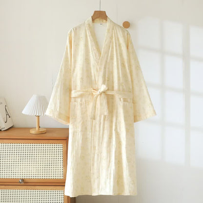 Yellow Botanical Cotton Gauze Kimono Robe