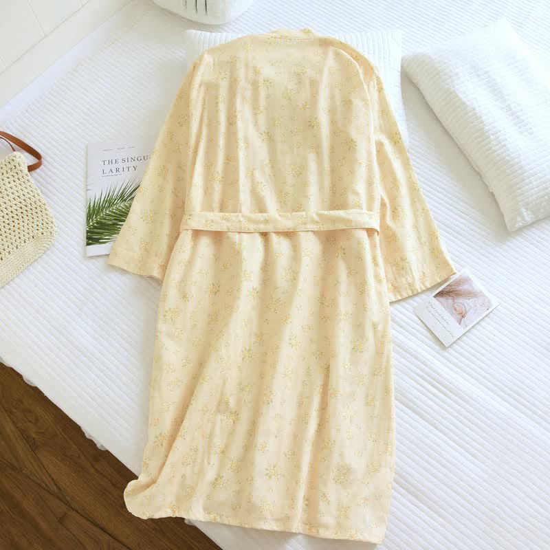 Yellow Botanical Cotton Gauze Kimono Robe