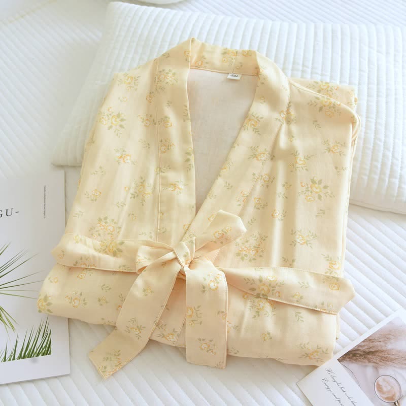 Yellow Botanical Cotton Gauze Kimono Robe