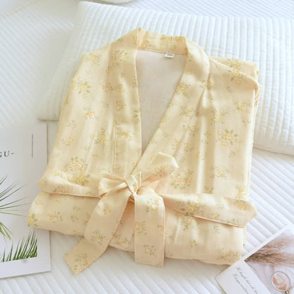 Yellow Botanical Cotton Gauze Kimono Robe