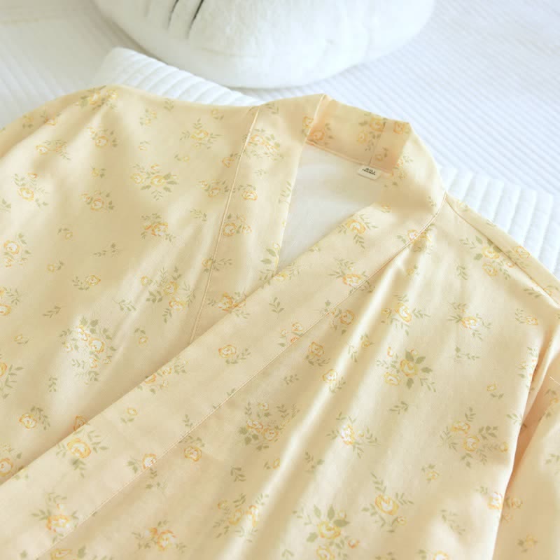 Yellow Botanical Cotton Gauze Kimono Robe