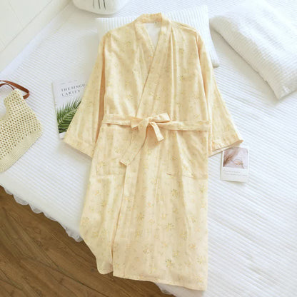 Yellow Botanical Cotton Gauze Kimono Robe