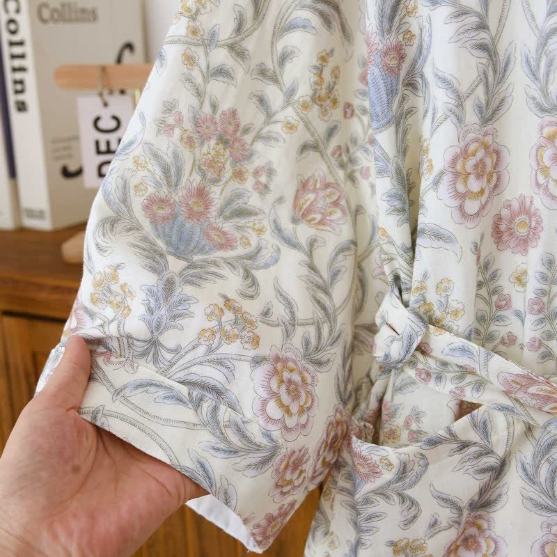 Floral Cotton Gauze Kimono Robe with Pocket