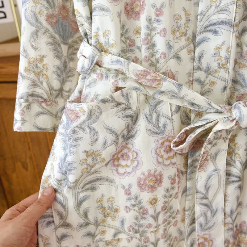 Floral Cotton Gauze Kimono Robe with Pocket